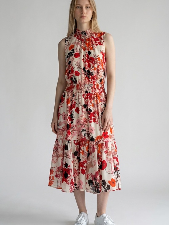 Nanette Lepore Dresses & Skirts - Nanette Lepore Cream Midi Dress with Red & Pink Floral Print